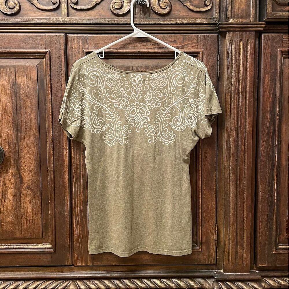 Prana Breathe Women's Large L Green Top Short Sleeve Paisley Print Round Neck - Picture 3 of 11
